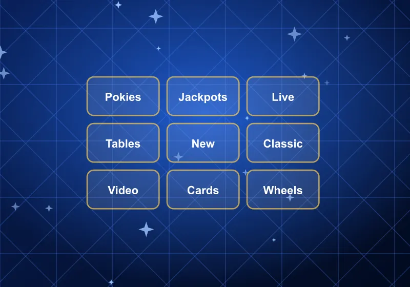 True Blue Slots game studios Grid of game category tiles: pokies, jackpots, live, tables and more
