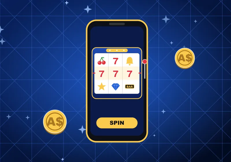 TrueBlue Casino Australia on mobile Phone showing a pokies game with a SPIN button and A$ coins around it
